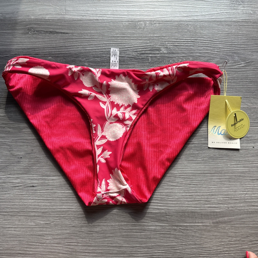 Maaji Reversible Candy Flower Flirt Low Rise Swim Bikini Bottoms, Hot Pink, XL